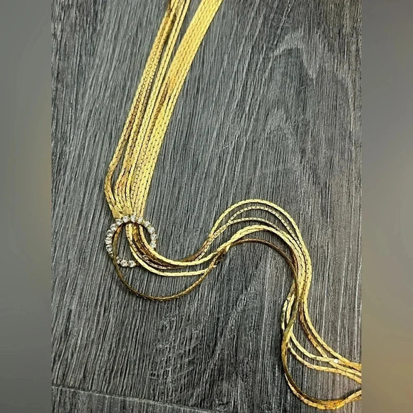 Gold Minimalistic Long Multi-strand Necklace With A Rhinestone Encrusted Accent - Picture 4 of 7